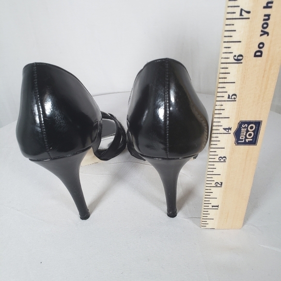 White House Black Market Black Leather Open Toe 3 Inch Heels Sz 6 - Picture 9 of 9